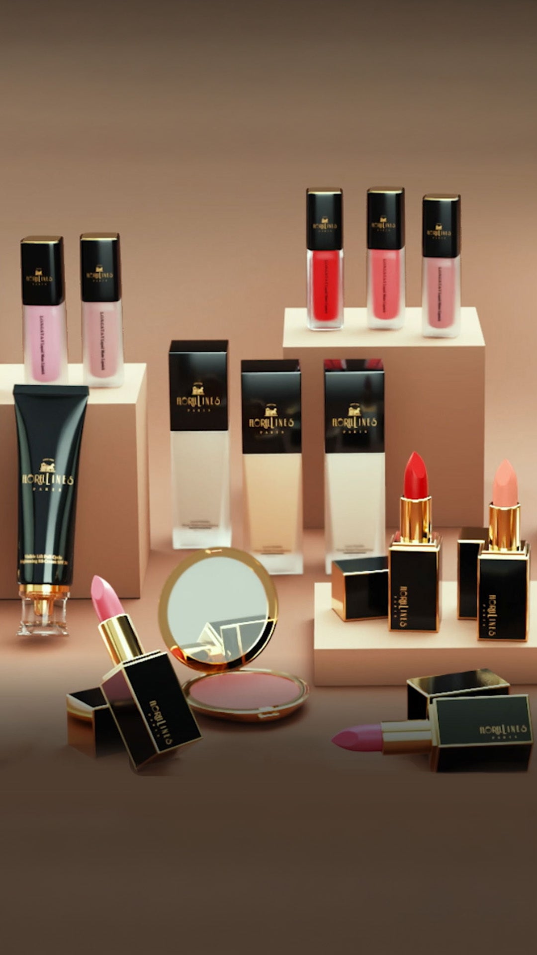 Collection of lipsticks and lip glosses on a beige backgroundslider_item_kyDwzj